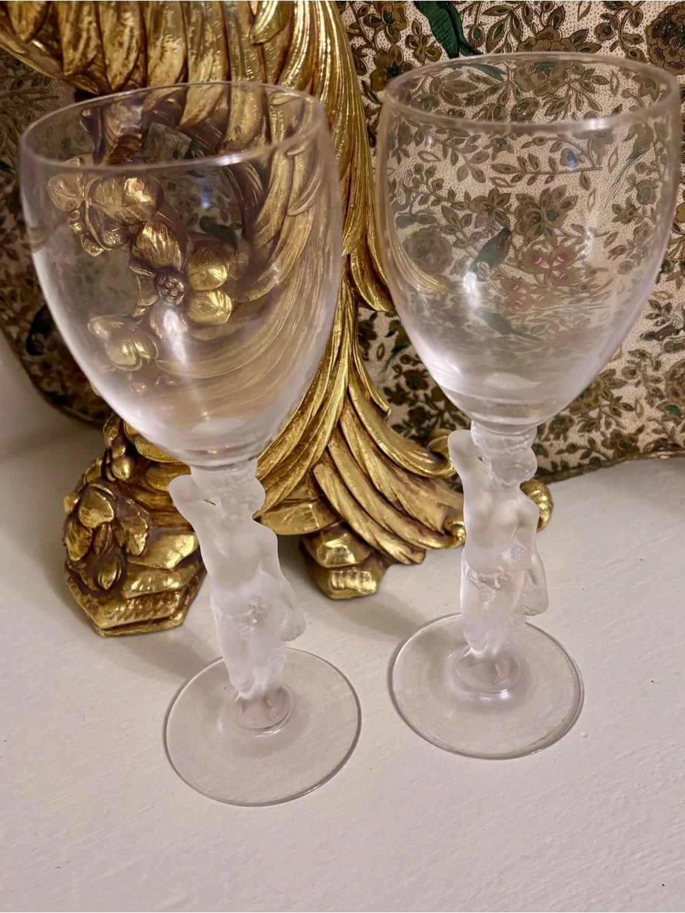 Vintage Bayel French Crystal Wine Glasses Frosted Nude Bacchus Bacchante Set 2